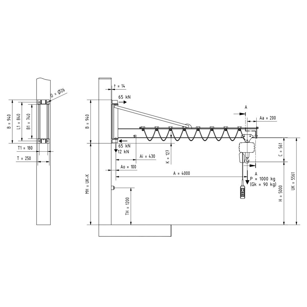 Produktabbildung Nr. 2: VETTER® Potence, palan électrique à chaîne LIFTKET compris, version murale avec haubanage, portée 4 000 mm, capacité de charge 1 000 kg