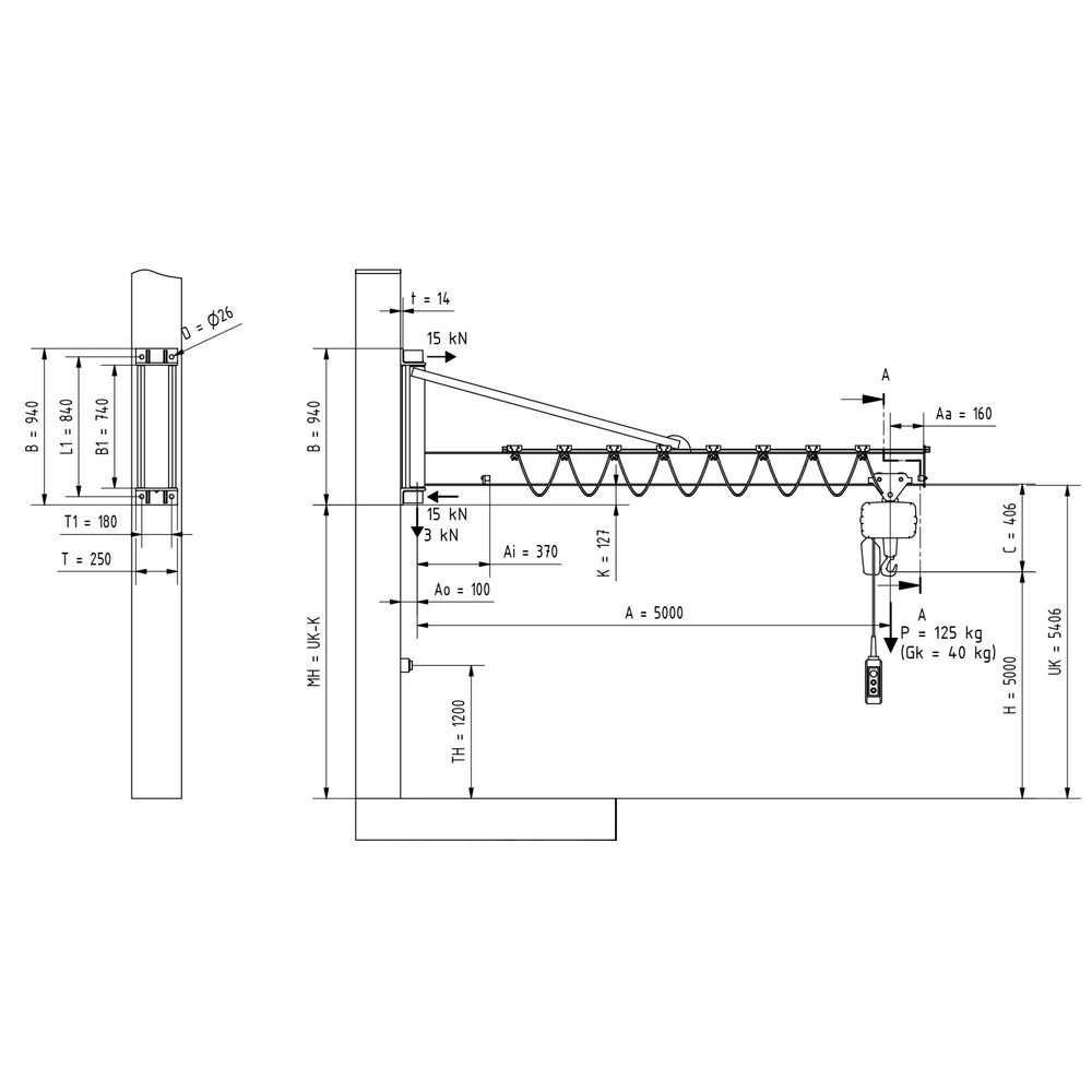 Produktabbildung Nr. 2: VETTER® Potence, palan électrique à chaîne LIFTKET compris, version murale avec haubanage, portée 5 000 mm, capacité de charge 125 kg