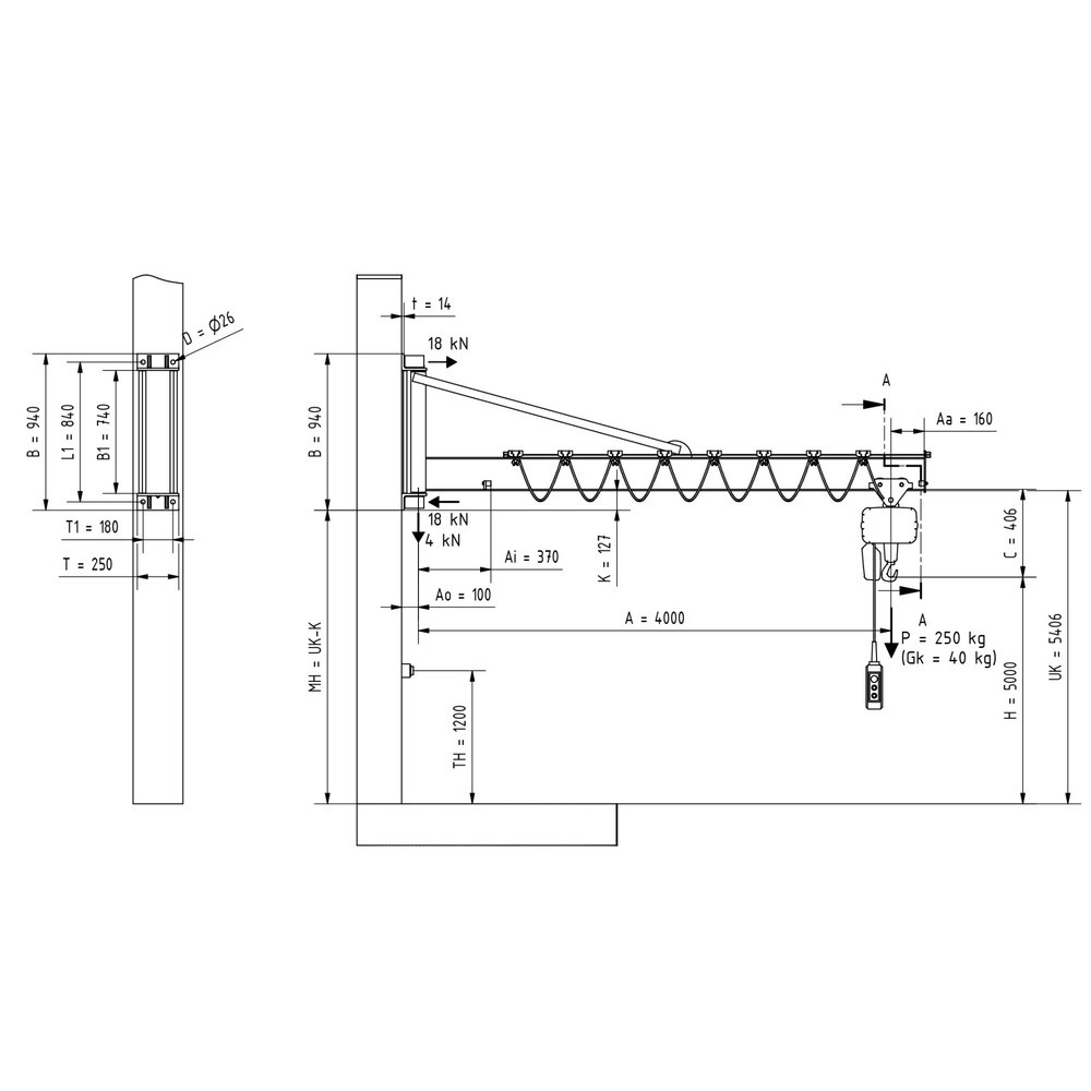 Produktabbildung Nr. 2: VETTER® Potence, palan électrique à chaîne LIFTKET compris, version murale avec haubanage, portée 4 000 mm, capacité de charge 250 kg