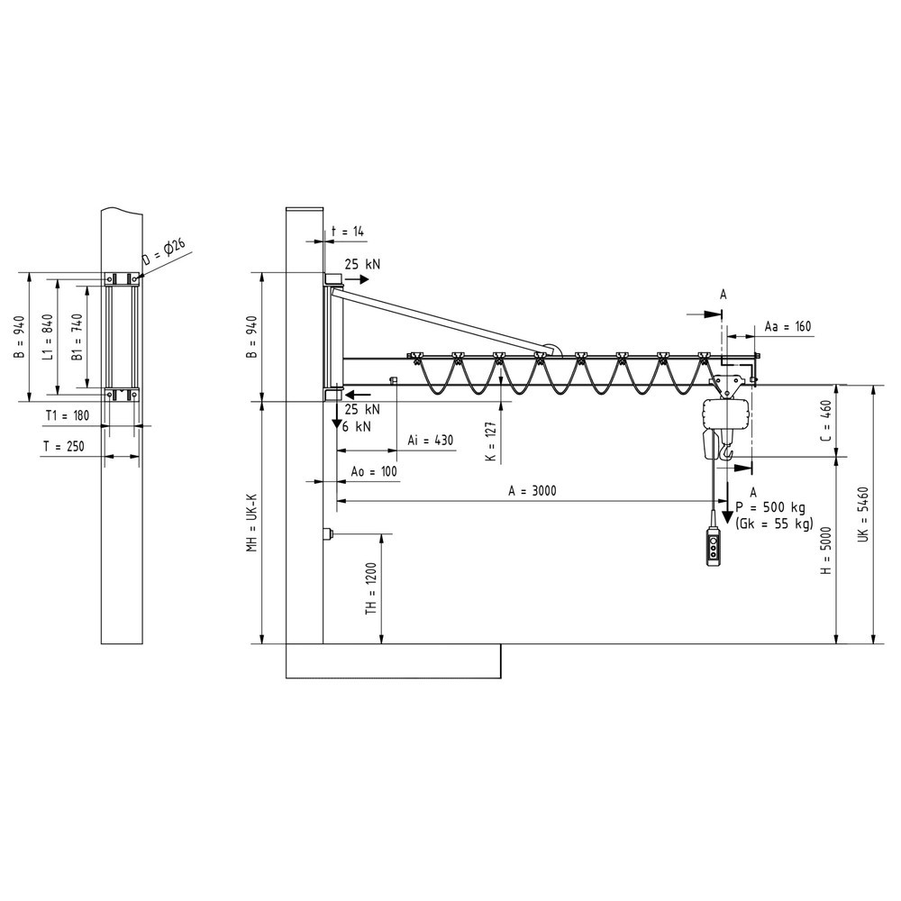 Produktabbildung Nr. 2: VETTER® Potence, palan électrique à chaîne LIFTKET compris, version murale avec haubanage, portée 3 000 mm, capacité de charge 500 kg