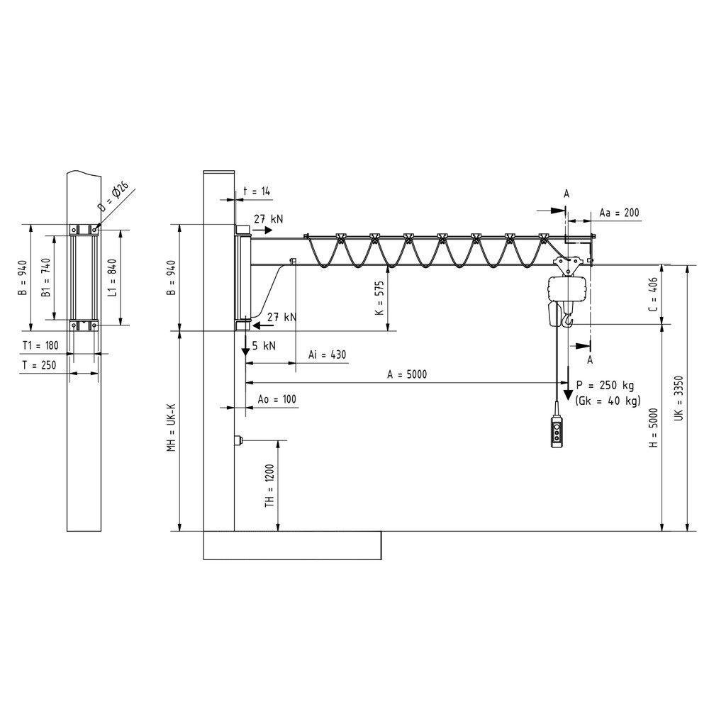 N° de l'image du produit 2 : VETTER® Potence, palan électrique à chaîne LIFTKET compris, version murale, construction basse, portée 5 000 mm, capacité de charge 250 kg