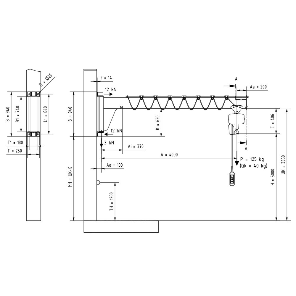 N° de l'image du produit 2 : VETTER® Potence, palan électrique à chaîne LIFTKET compris, version murale, construction basse, portée 4 000 mm, capacité de charge 125 kg