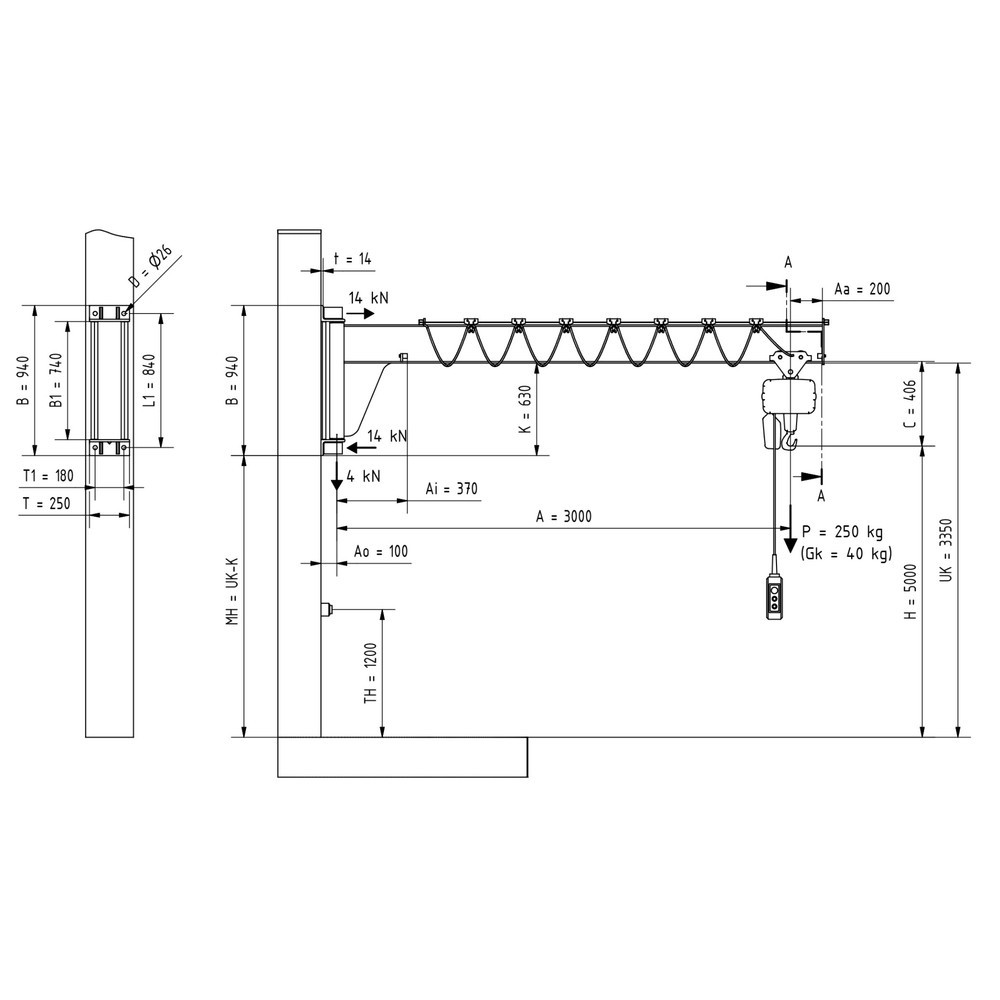 N° de l'image du produit 2 : VETTER® Potence, palan électrique à chaîne LIFTKET compris, version murale, construction basse, portée 3 000 mm, capacité de charge 250 kg
