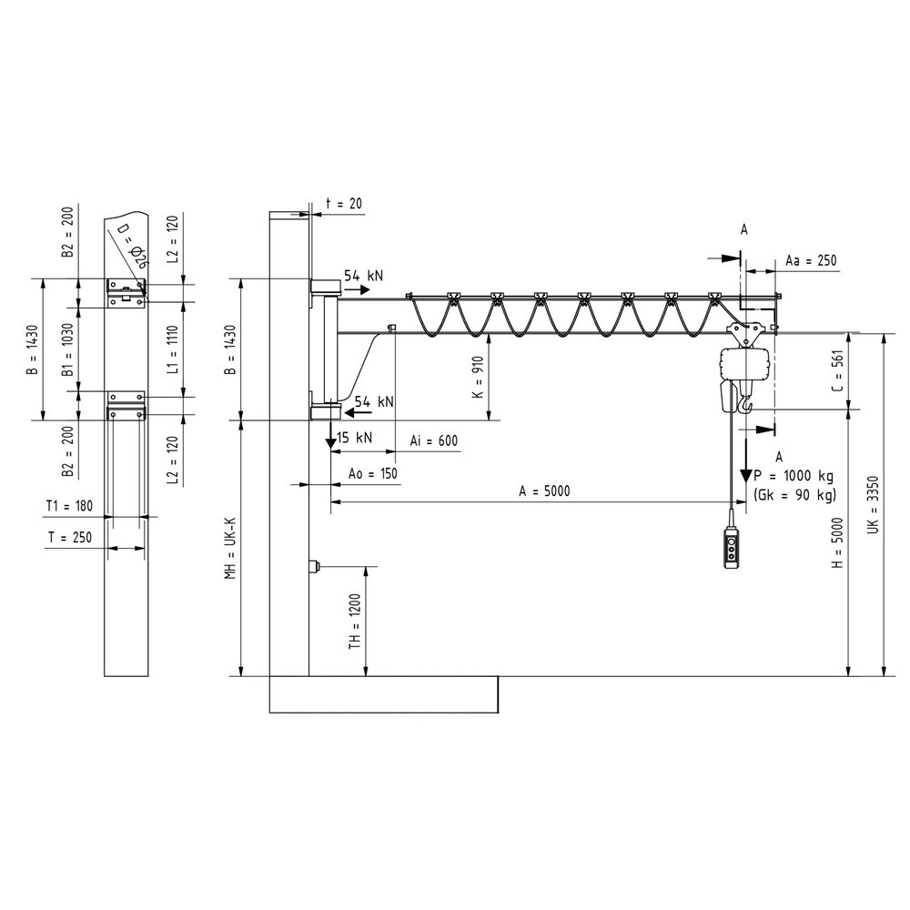 N° de l'image du produit 2 : VETTER® Potence, palan électrique à chaîne LIFTKET compris, version murale, construction basse, portée 5 000 mm, capacité de charge 1 000 kg