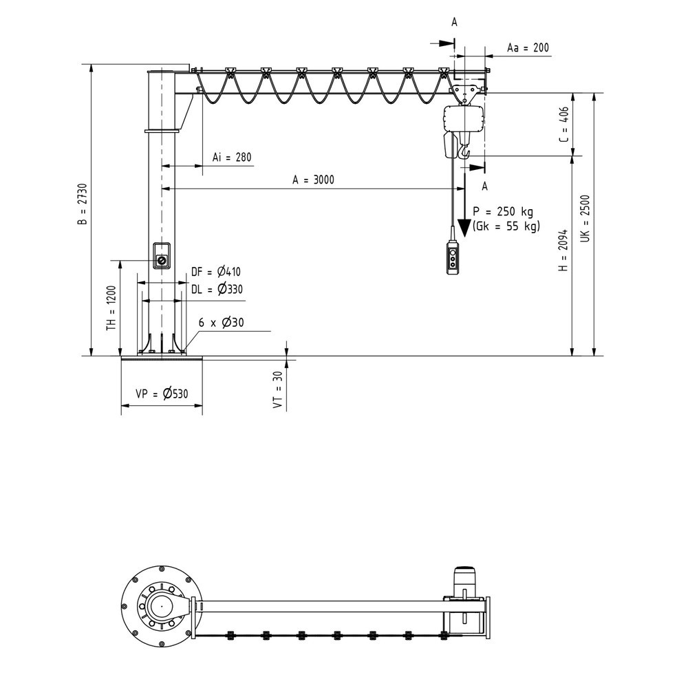 N° de l'image du produit 2 : VETTER® Potence, palan électrique à chaîne LIFTKET compris, version sur fût, plage de pivotement de 360°, portée 3 000 mm, capacité de charge 250 kg