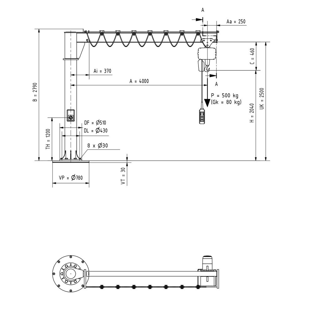 Produktabbildung Nr. 2: VETTER® Potence, palan électrique à chaîne LIFTKET compris, version sur fût, plage de pivotement de 360°, portée 4 000 mm, capacité de charge 500 kg