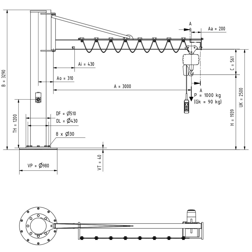 Produktabbildung Nr. 2: VETTER® Potence, palan électrique à chaîne LIFTKET compris, version sur fût avec haubanage, matériel de fixation compris, portée 3 000 mm, capacité de charge 1 000 kg