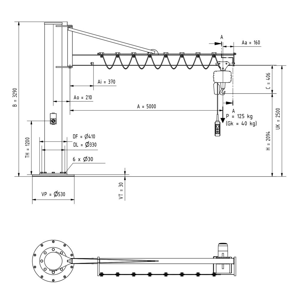 N° de l'image du produit 1 : VETTER® Potence, palan électrique à chaîne LIFTKET compris, version sur fût avec haubanage, matériel de fixation compris, portée 5 000 mm, capacité de charge 125 kg
