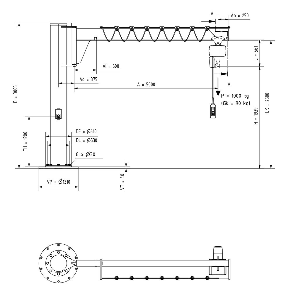 Produktabbildung Nr. 2: VETTER® Potence, palan électrique à chaîne LIFTKET compris, version sur fût, construction basse, matériel de fixation inclus, portée 5 000 mm, capacité de charge 1 000 kg