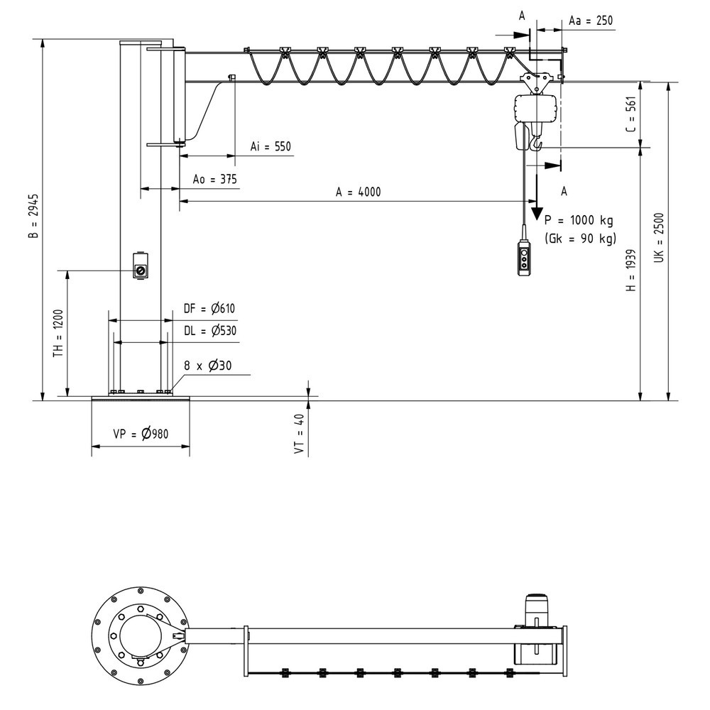 Produktabbildung Nr. 2: VETTER® Potence, palan électrique à chaîne LIFTKET compris, version sur fût, construction basse, matériel de fixation inclus, portée 4 000 mm, capacité de charge 1 000 kg