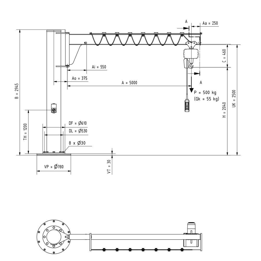 Produktabbildung Nr. 2: VETTER® Potence, palan électrique à chaîne LIFTKET compris, version sur fût, construction basse, matériel de fixation inclus, portée 5 000 mm, capacité de charge 500 kg