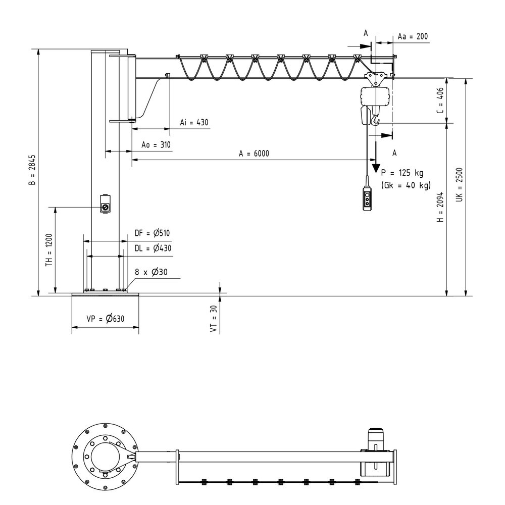 N° de l'image du produit 2 : VETTER® Potence, palan électrique à chaîne LIFTKET compris, version sur fût, construction basse, matériel de fixation inclus, portée 6 000 mm, capacité de charge 125 kg