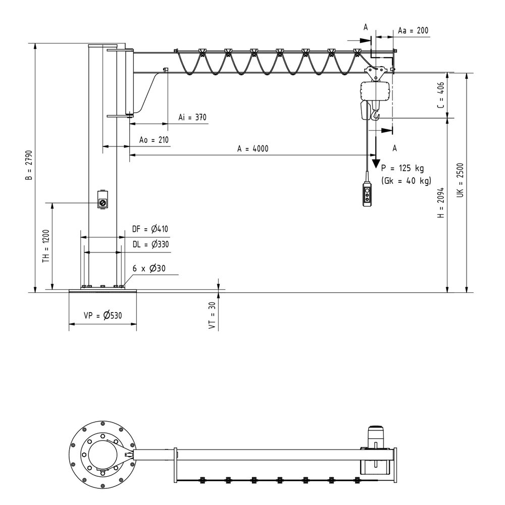 Produktabbildung Nr. 2: VETTER® Potence, palan électrique à chaîne LIFTKET compris, version sur fût, construction basse, matériel de fixation inclus, portée 4 000 mm, capacité de charge 125 kg