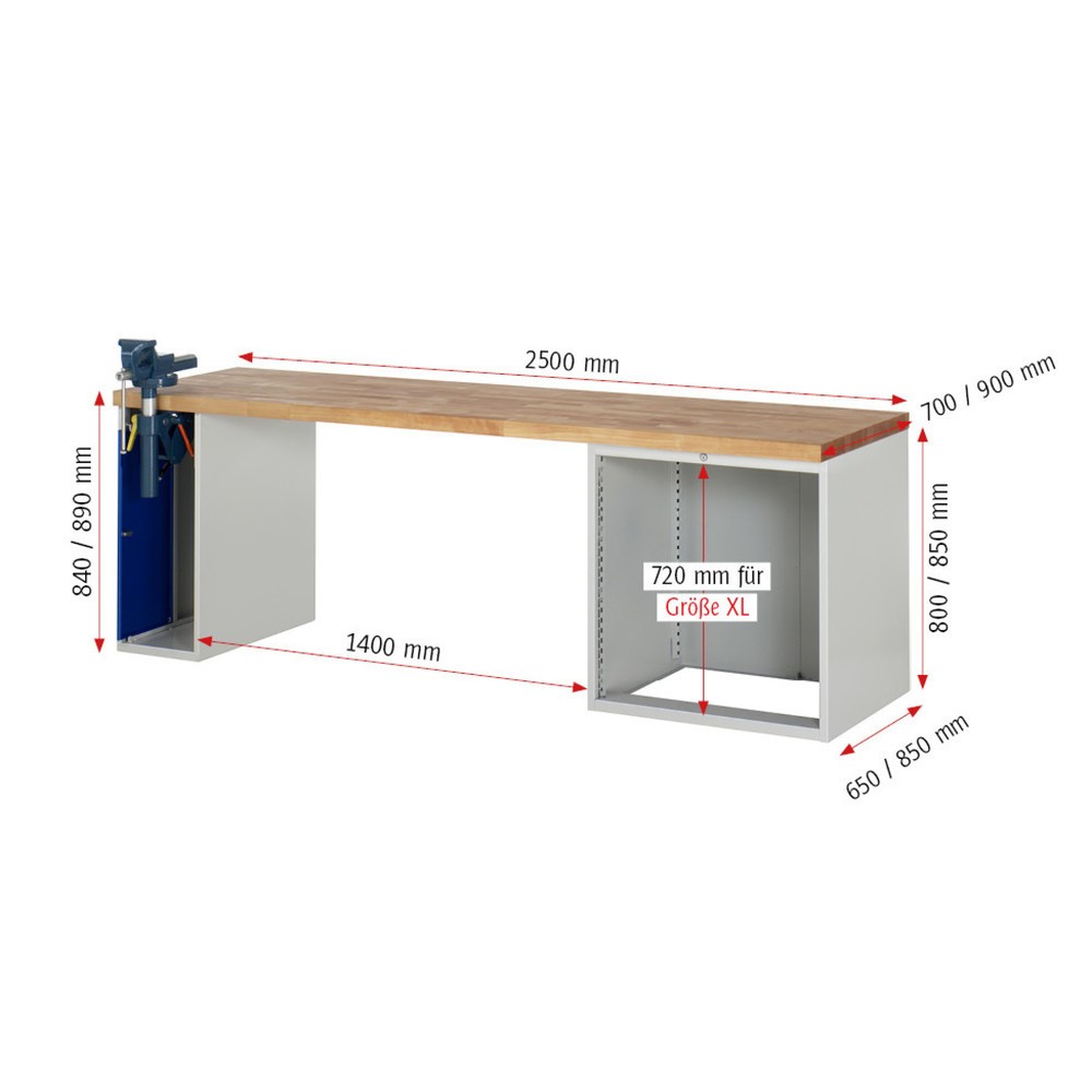 Produktabbildung Nr. 6: Werkbank RAU serie 7000, 2 kasten, hxbxd 890 x 2.500 x 700 mm, 4 x voor 90% uittrekbare lades, draagvermogen lade 75 kg