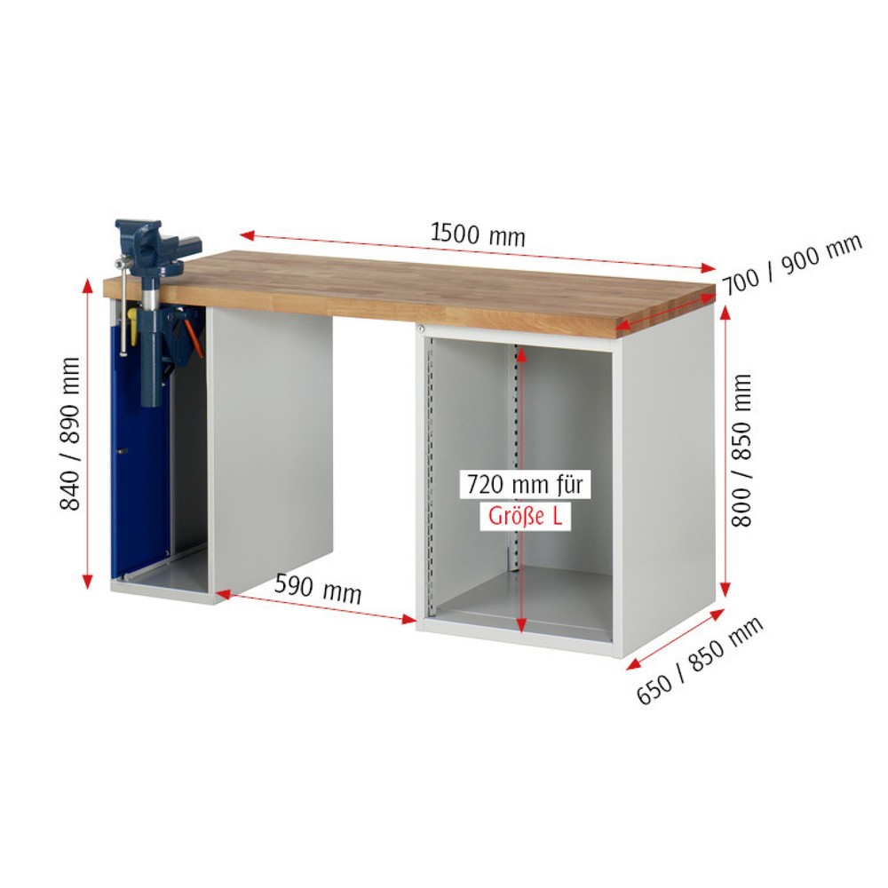 Produktabbildung Nr. 6: Werkbank RAU serie 7000, 2 kasten, hxbxd 890 x 1.500 x 700 mm, 5 lades, bankschroef