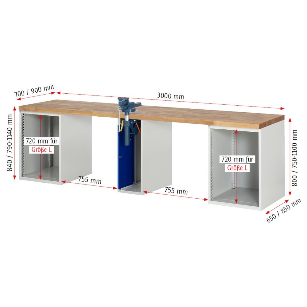 Produktabbildung Nr. 5: Werkbank RAU serie 7000, 3 kasten, hxbxd 890 x 3.000 x 700 mm, 8 lades 6 x 150 mm, 2 x 270 mm