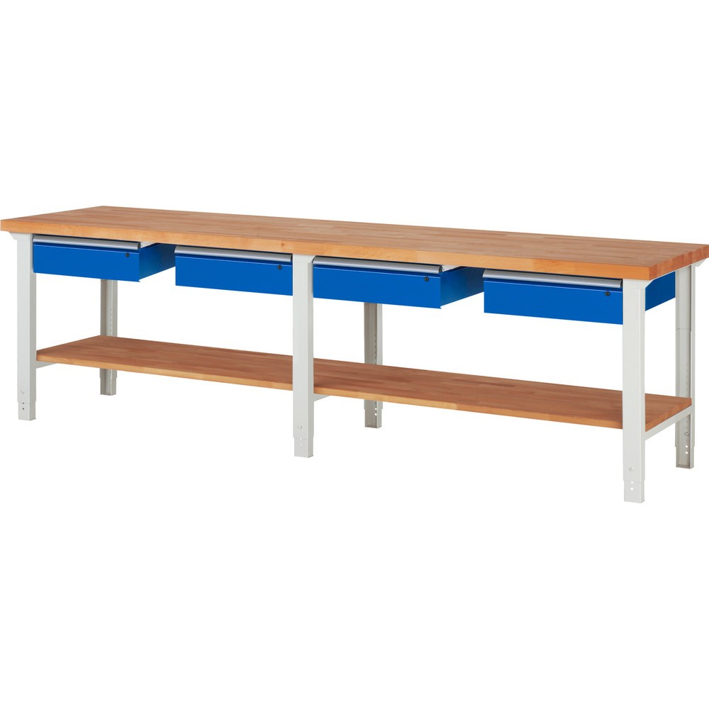 Productafbeelding nr. 1: Werkbank RAU serie 7000, 1 massief beuken legbord, hxbxd 790-1.140 x 3.000 x 700 mm, 4 lades 4 x 150 mm