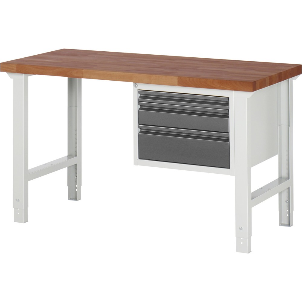 Product afbeelding: Werkbank RAU serie 7000, massief beuken werkblad, 1 kast, hxbxd 790-1.140 x 1.500 x 700 mm, 3 lades 1 x 60 mm, 1 x 120 mm, 1 x 180 mm