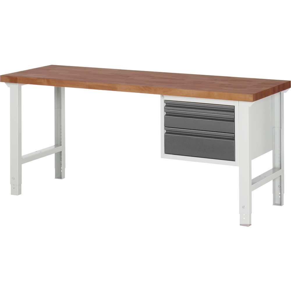Product afbeelding: Werkbank RAU serie 7000, massief beuken werkblad, 1 kast, hxbxd 790-1.140 x 2.000 x 700 mm, 3 lades 1 x 60 mm, 1 x 120 mm, 1 x 180 mm