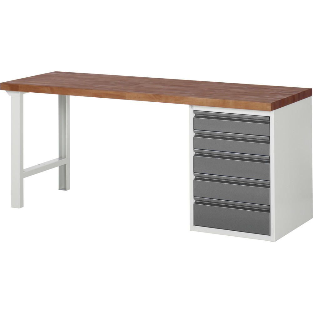 Product afbeelding: Werkbank RAU serie 7000, massief beuken werkblad, 1 kast, hxbxd 890 x 2.000 x 700 mm, 5 lades 2 x 120 mm, 2 x 150 mm, 1 x 180 mm