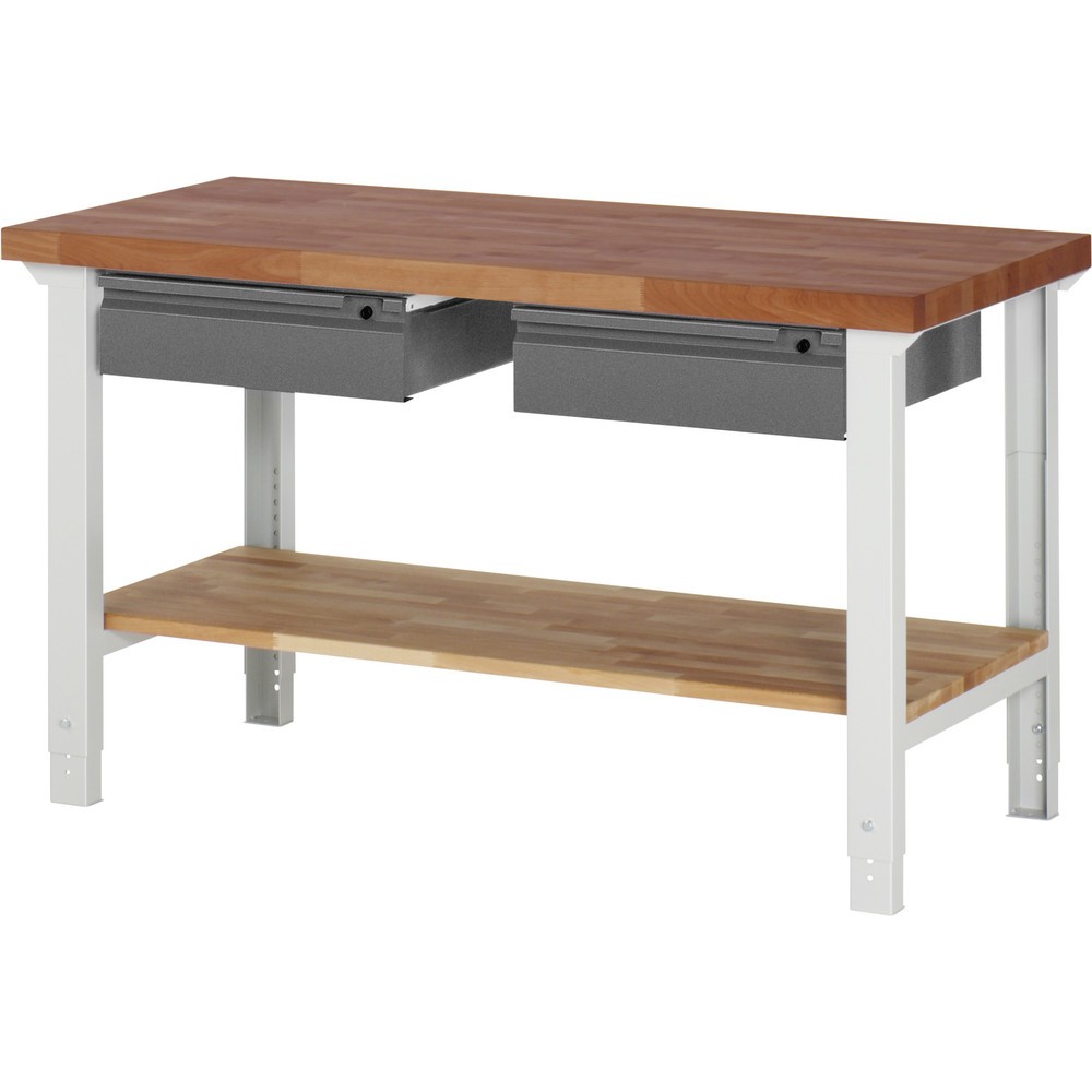 Product afbeelding: Werkbank RAU serie 7000, massief beuken werkblad, 2 lades, 1 massief beuken legbord, hxbxd 790-1.140 x 1.500 x 700 mm, 2 lades