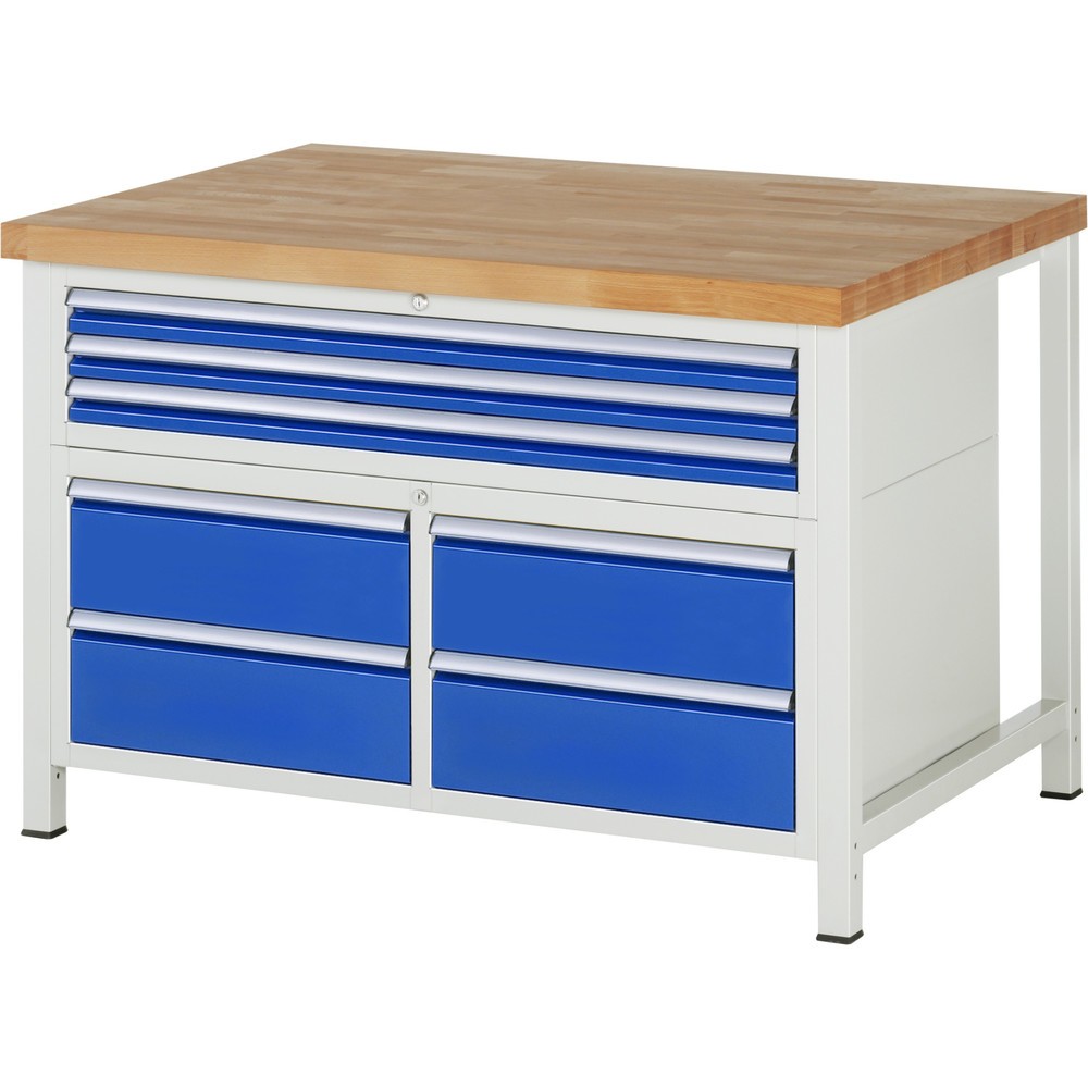 Product afbeelding: Werkbank RAU serie 8000, 1 driedubbele kast, hxbxd 840-1.040 x 1.250 x 900 mm, 7 x voor 100% uittrekbare lades 3 x 60, 4 x 180 mm