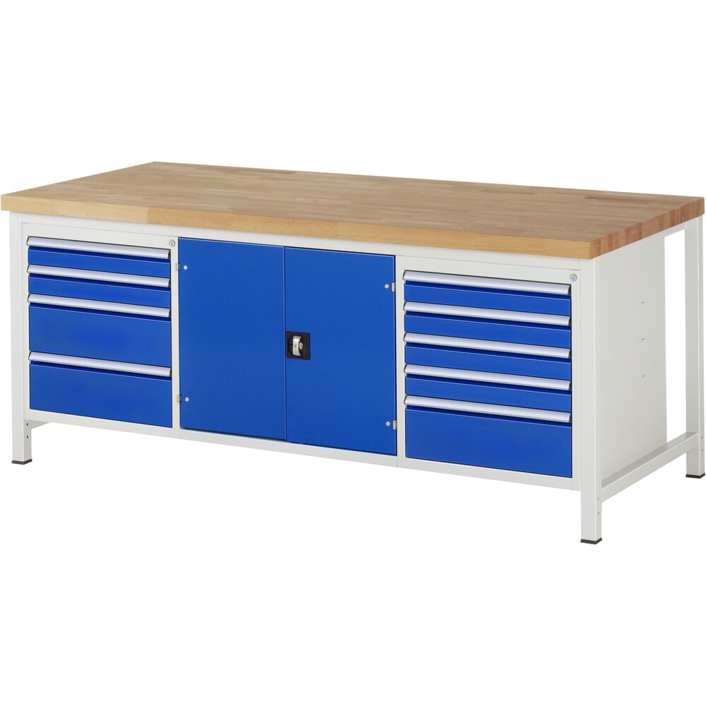 Product afbeelding: Werkbank RAU serie 8000, 1 driedubbele kast, 1 legbord, 1 draaideur, hxbxd 840 x 2.000 x 900 mm, 9 x voor 90% uittrekbare lades