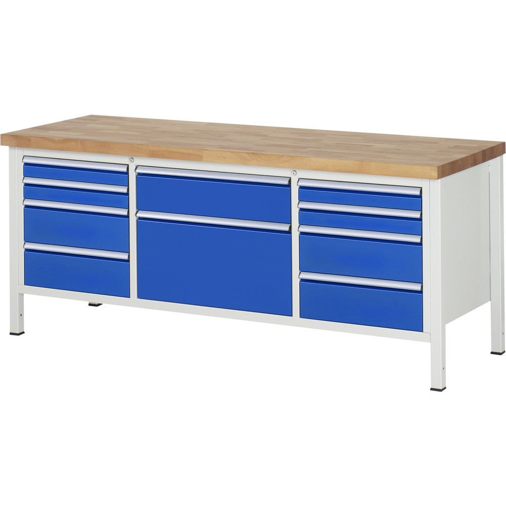 Produktabbildung Nr. 1: Werkbank RAU serie 8000, 1 driedubbele kast, hxbxd 840-1.040 x 2.000 x 700 mm, 10 x voor 90% uittrekbare lades, 4 x 90, 5 x 180, 1 x 360 mm, draagvermogen lade 100 / 75 kg