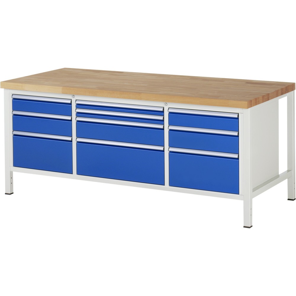 Product afbeelding: Werkbank RAU serie 8000, 1 driedubbele kast, hxbxd 840-1.040 x 2.000 x 900 mm, 10 x voor 100% uittrekbare lades, 2 x 60, 2 x 120, 3 x 150, 3 x 270 mm, draagvermogen lade 75 / 100 kg