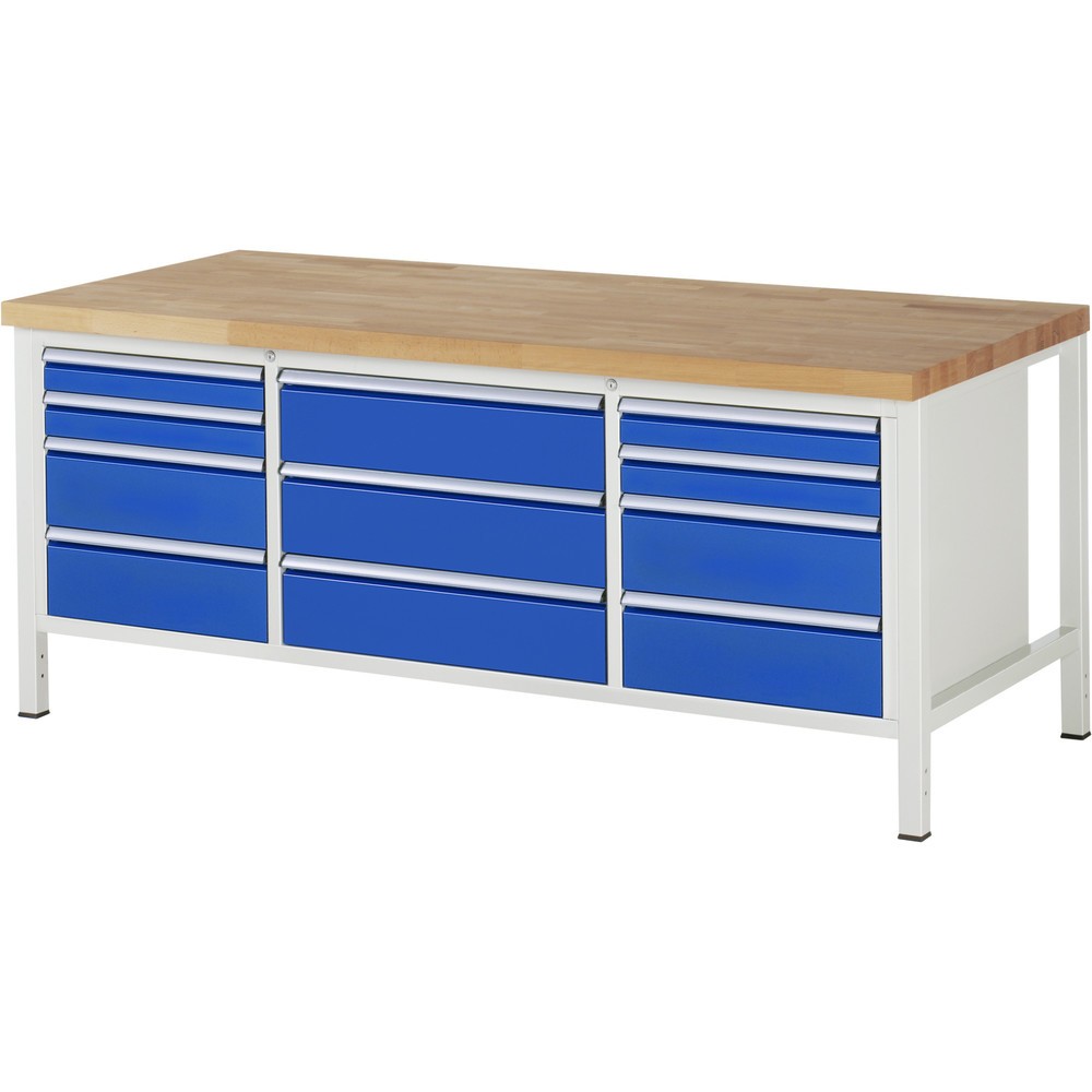 Product afbeelding: Werkbank RAU serie 8000, 1 driedubbele kast, hxbxd 840-1.040 x 2.000 x 900 mm, 11 lades, 4 x 90, 7 x 180 mm, draagvermogen lade 100 / 75 kg