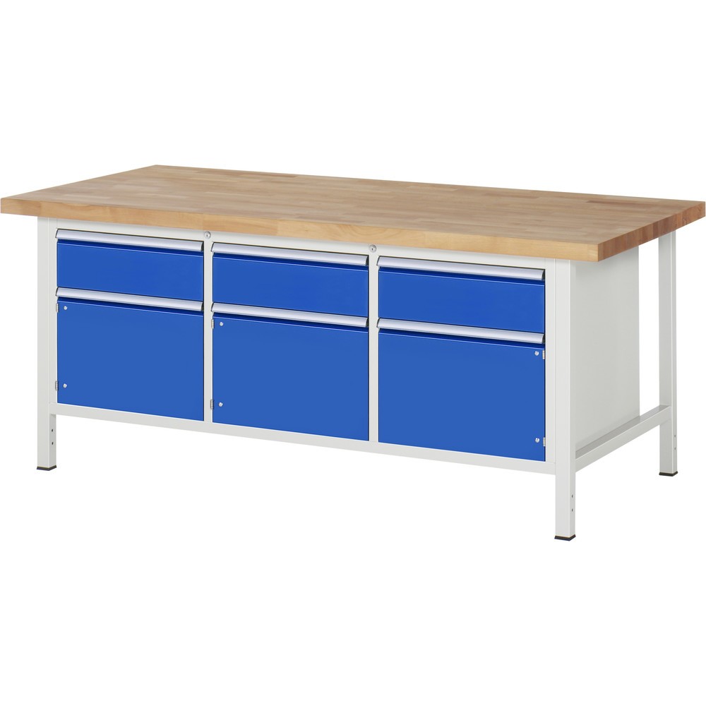 Product afbeelding: Werkbank RAU serie 8000, 1 driedubbele kast, 3 draaideuren, hxbxd 840-1.040 x 2.000 x 900 mm, 3 lades, ErgoScript®