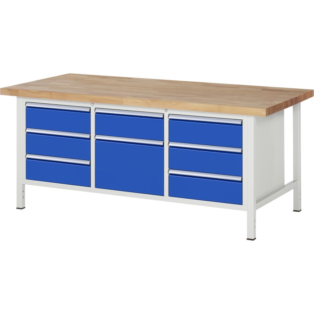 Produktabbildung Nr. 1: Werkbank RAU serie 8000, 1 driedubbele kast, hxbxd 840-1.040 x 2.000 x 900 mm, 8 x voor 90% uittrekbare lades 7 x 180, 1 x 360 mm