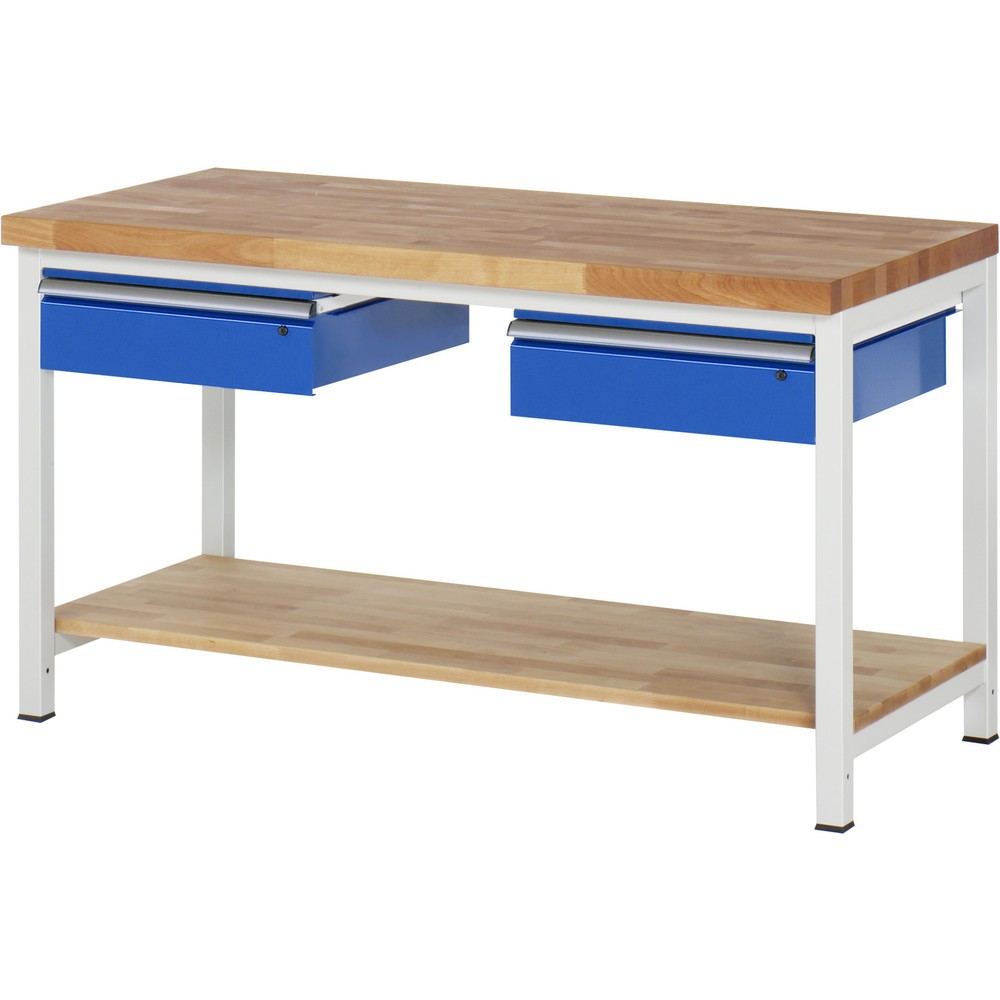 Product afbeelding: Werkbank RAU serie 8000, hxbxd 840-1.040 x 1.500 x 700 mm, 2 lades, 1 massief beuken legbord met diepte 557 mm