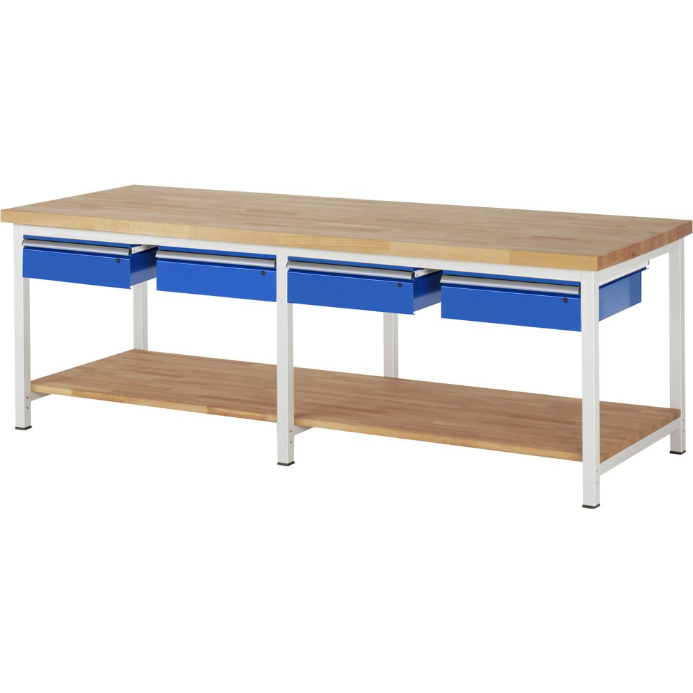 Werkbank RAU serie 8000, hxbxd 840 x 2.500 x 900 mm, 4 lades, 1 massief beuken legbord diepte 757 mm Productafbeelding nr. 1: Werkbank RAU serie 8000, hxbxd 840 x 2.500 x 900 mm, 4 lades, 1 massief beuken legbord diepte 757 mm