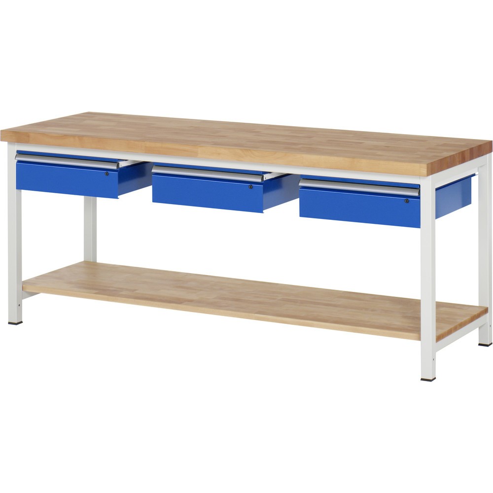 Werkbank RAU serie 8000, hxbxd 840 x 2.000 x 700 mm, 3 lades, 1 massief beuken legbord met diepte 557 mm Productafbeelding nr. 1: Werkbank RAU serie 8000, hxbxd 840 x 2.000 x 700 mm, 3 lades, 1 massief beuken legbord met diepte 557 mm