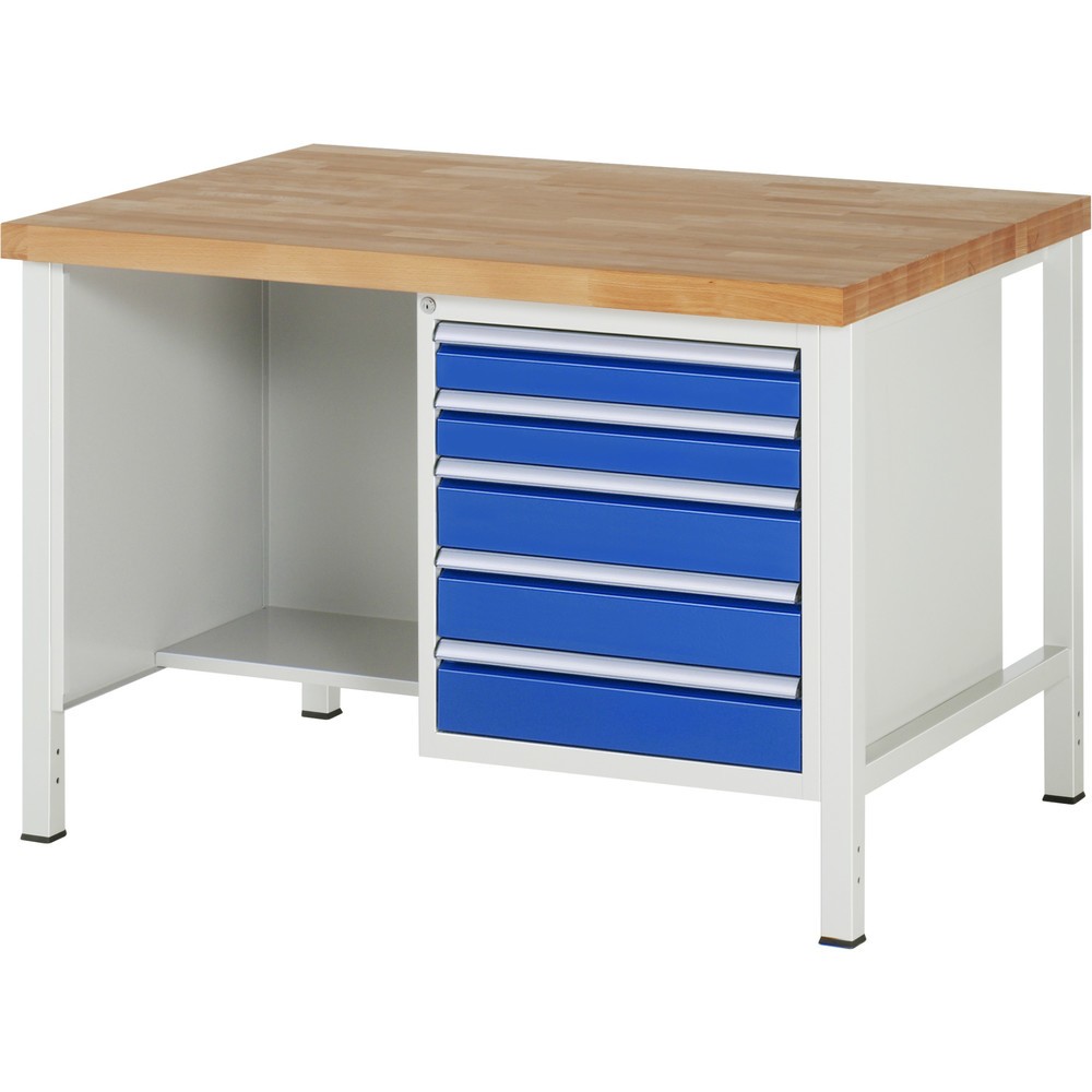 Product afbeelding: Werkbank RAU serie 8000, 1 legbord, hxbxd 840-1.040 x 1.250 x 900 mm, 5 x voor 100% uittrekbare lades