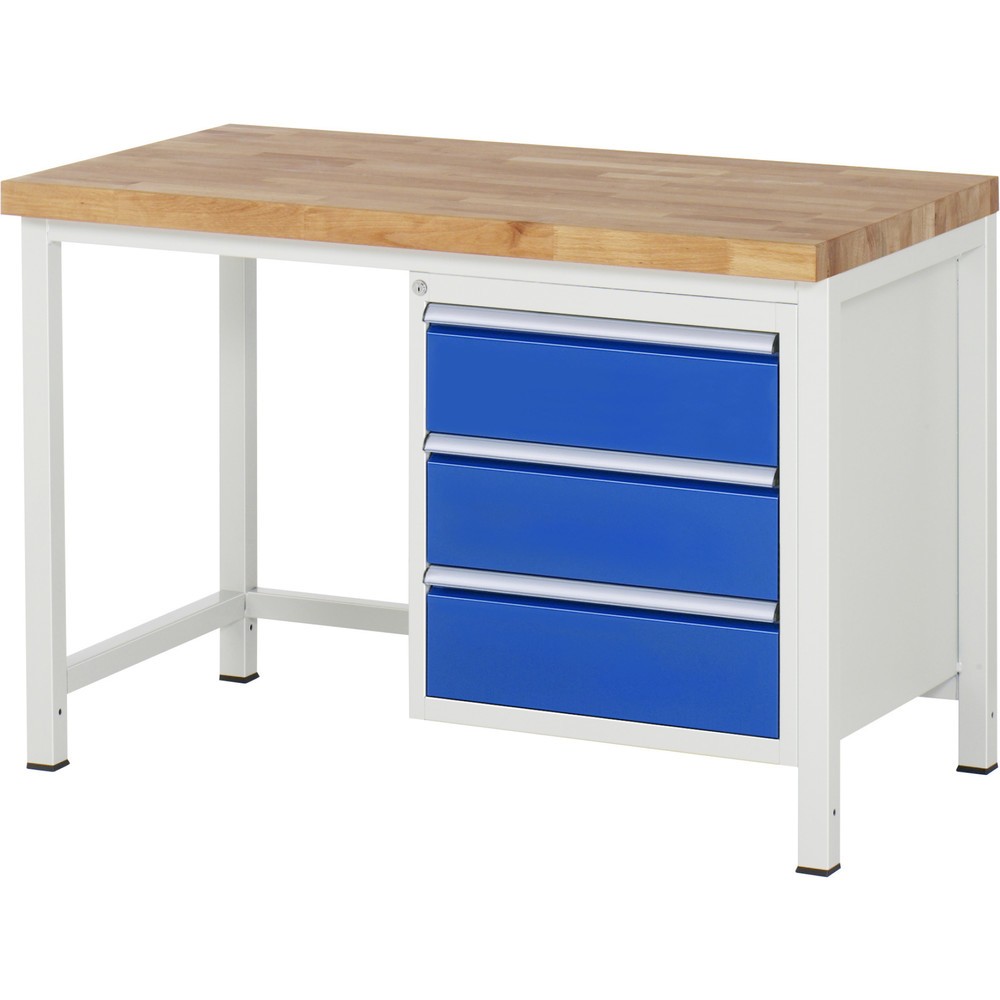 Product afbeelding: Werkbank RAU serie 8000, hxbxd 840-1.040 x 1.250 x 700 mm, 3 x voor 90% uittrekbare lades, 3 x 180 mm, draagvermogen lade 100 kg