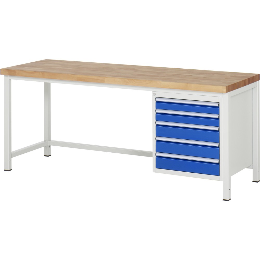 Product afbeelding: Werkbank RAU serie 8000, hxbxd 840-1.040 x 2.000 x 700 mm, 5 x voor 100% uittrekbare lades, 2 x 90, 3 x 120 mm, draagvermogen lade 100 kg