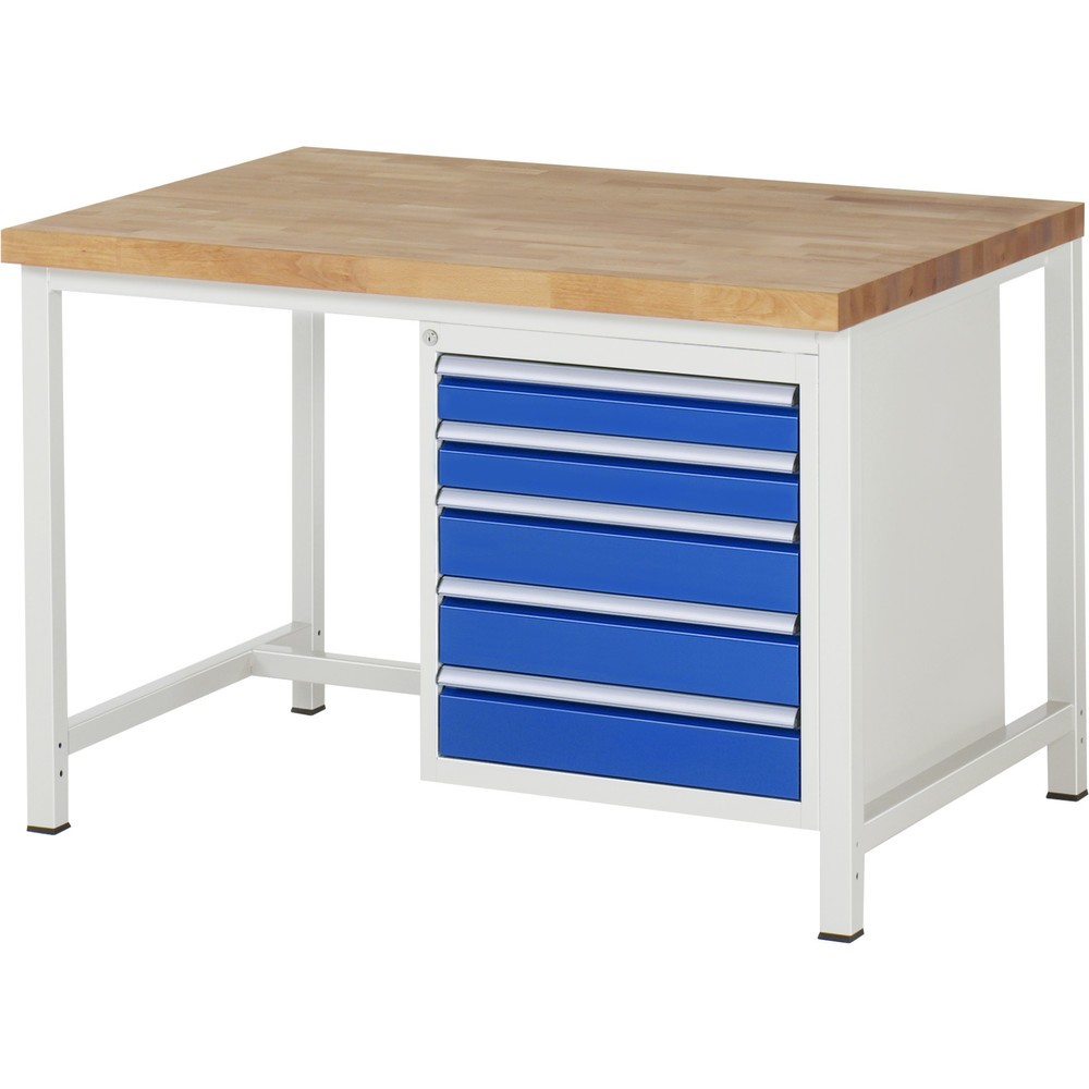 Product afbeelding: Werkbank RAU serie 8000, hxbxd 840-1.040 x 1.250 x 900 mm, 5 x voor 90% uittrekbare lades, 2 x 90, 3 x 120 mm, draagvermogen lade 100 kg