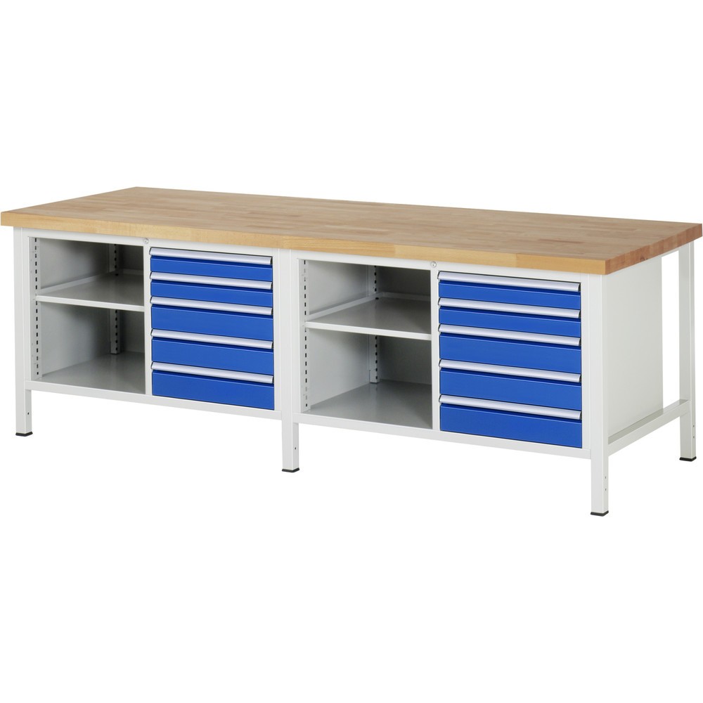 Product afbeelding: Werkbank RAU serie 8000, 2 dubbele kasten, 1 legbord, hxbxd 840 x 2.500 x 900 mm, 10 lades