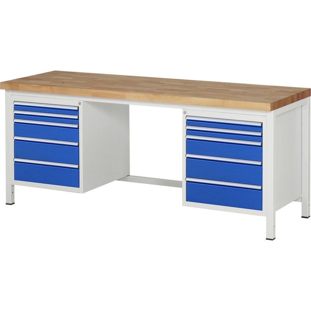 Product afbeelding: Werkbank RAU serie 8000, 2 kasten, hxbxd 840-1.040 x 2.000 x 700 mm, 10 x voor 100% uittrekbare lades 4 x 60, 2 x 120, 4 x 150 mm