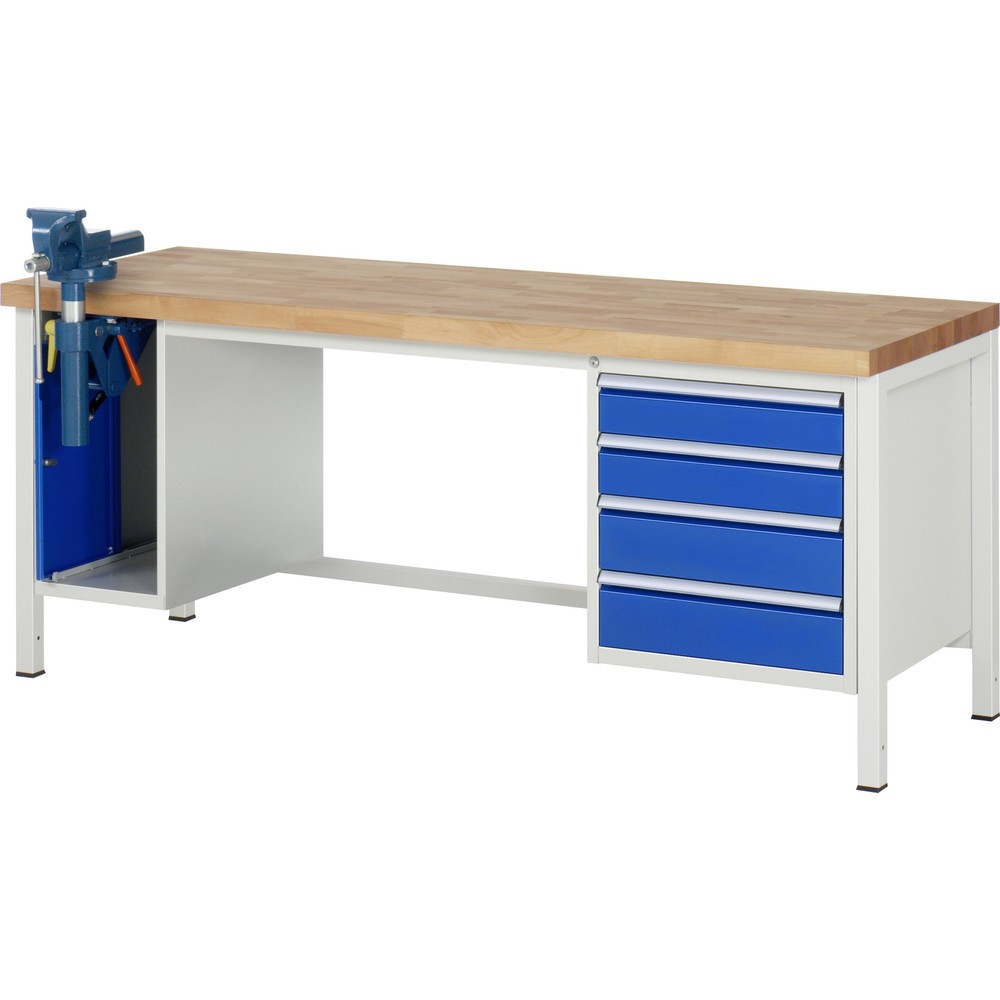 Product afbeelding: Werkbank RAU serie 8000, 2 kasten, hxbxd 840 x 2.000 x 700 mm, 4 x voor 90% uittrekbare lades 2 x 120, 2 x 150 mm, incl. bankschroef