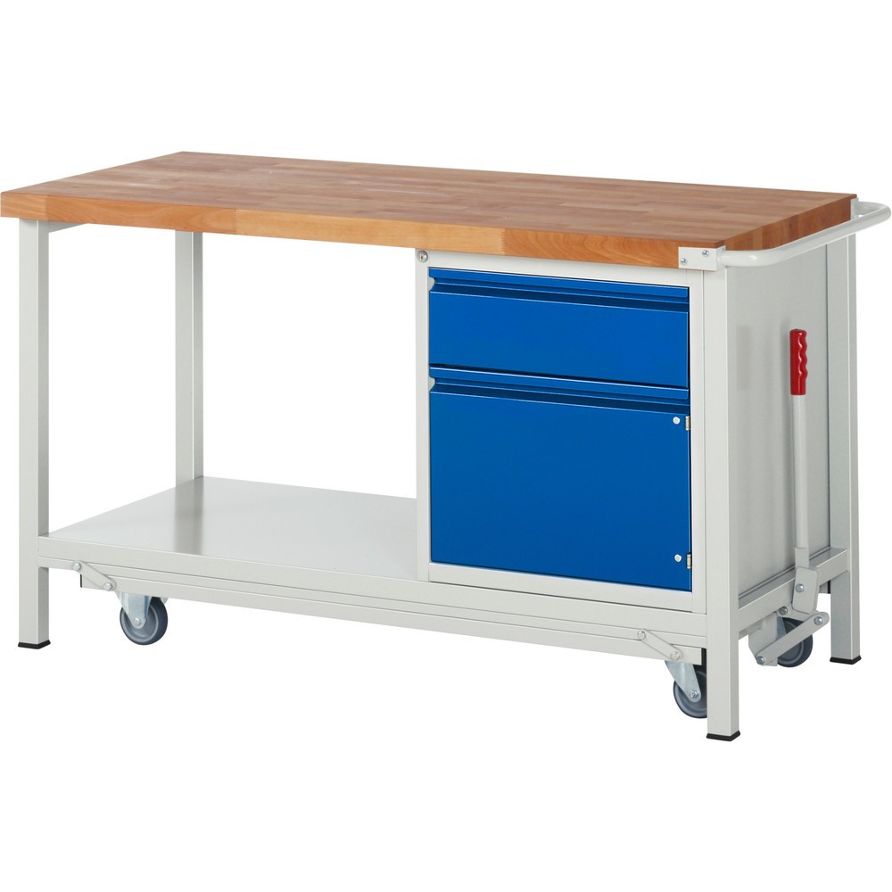 Produktabbildung Nr. 1: Werkbank RAU serie 8000 met neerlaatbaar onderstel, 1 kast, 1 legbord, hxbxd 880 x 1.500 x 700 mm, 1 x voor 90% uittrekbare lades, 1 draaideur