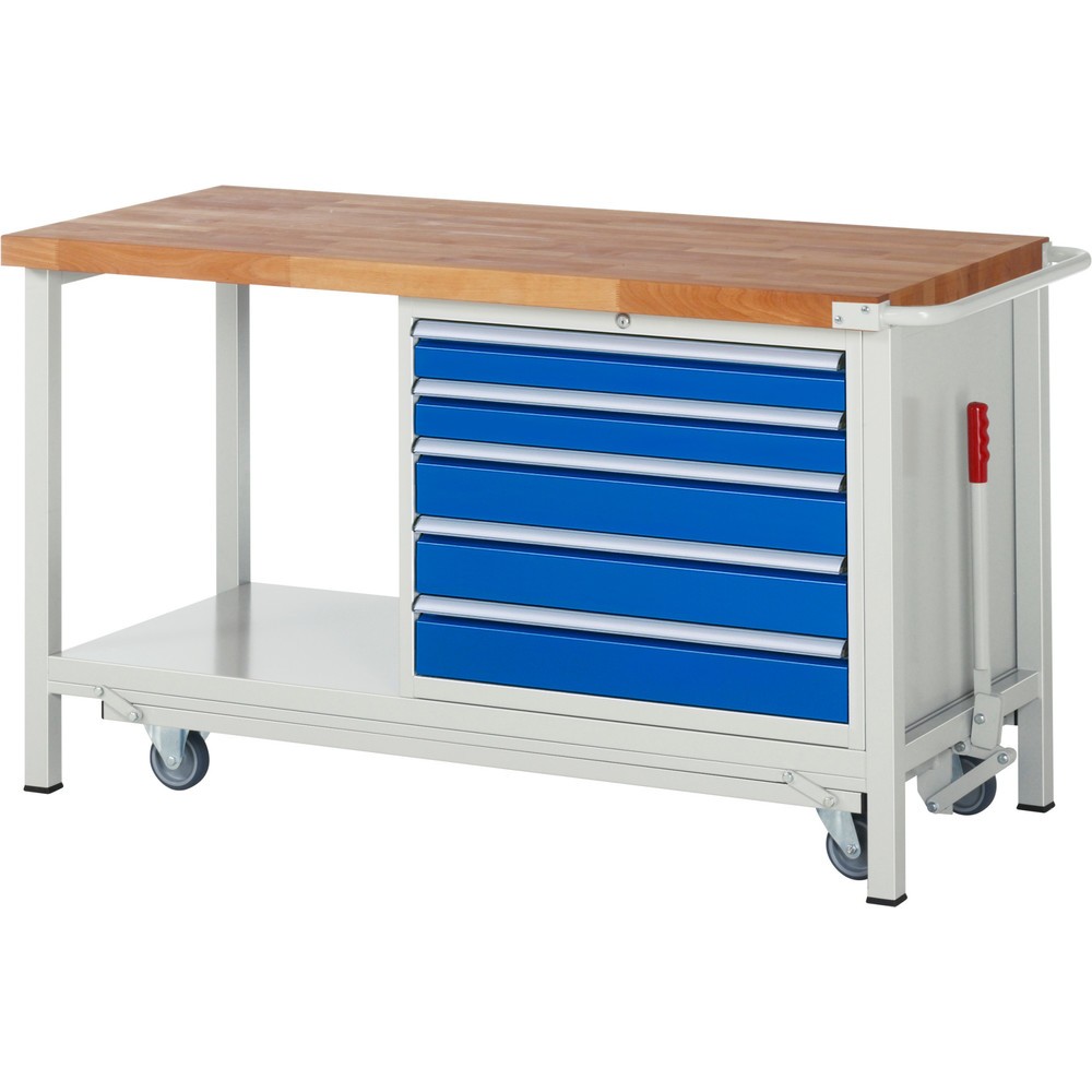 Productafbeelding nr. 1: Werkbank RAU serie 8000 met neerlaatbaar onderstel, 1 kast, 1 legbord, hxbxd 880 x 1.500 x 700 mm, 5 x voor 100% uittrekbare lades, draagvermogen lade 75 kg