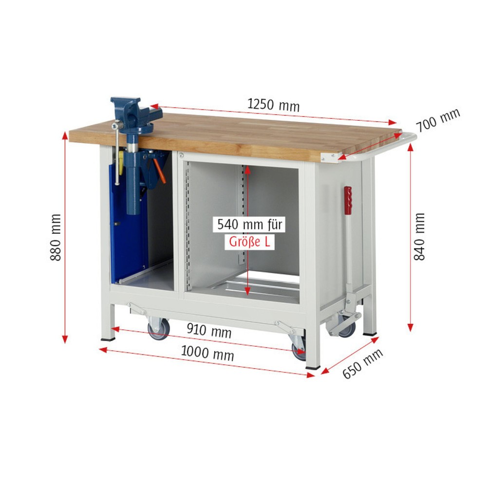 Produktabbildung Nr. 11: Werkbank RAU serie 8000 met neerlaatbaar onderstel, 2 kasten, hxbxd 880 x 1.250 x 700 mm, 3 x voor 90% uittrekbare lades