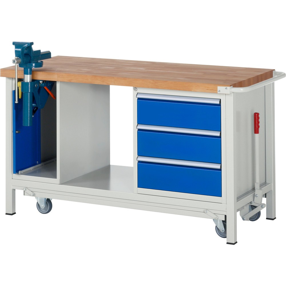 Produktabbildung Nr. 1: Werkbank RAU serie 8000 met neerlaatbaar onderstel, 2 kasten, 1 legbord, hxbxd 880 x 1.500 x 700 mm, 3 x voor 90% uittrekbare lades