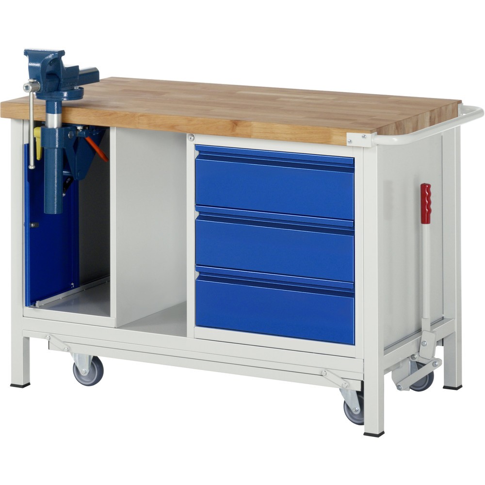 Produktabbildung Nr. 1: Werkbank RAU serie 8000 met neerlaatbaar onderstel, 2 kasten, 1 legbord, hxbxd 880 x 1.250 x 700 mm, 3 x voor 90% uittrekbare lades