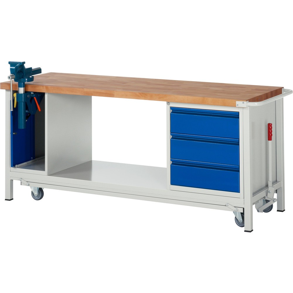 Productafbeelding nr. 1: Werkbank RAU serie 8000 met neerlaatbaar onderstel, 2 kasten, 1 legbord, hxbxd 880 x 2.000 x 700 mm, 3 x voor 90% uittrekbare lades