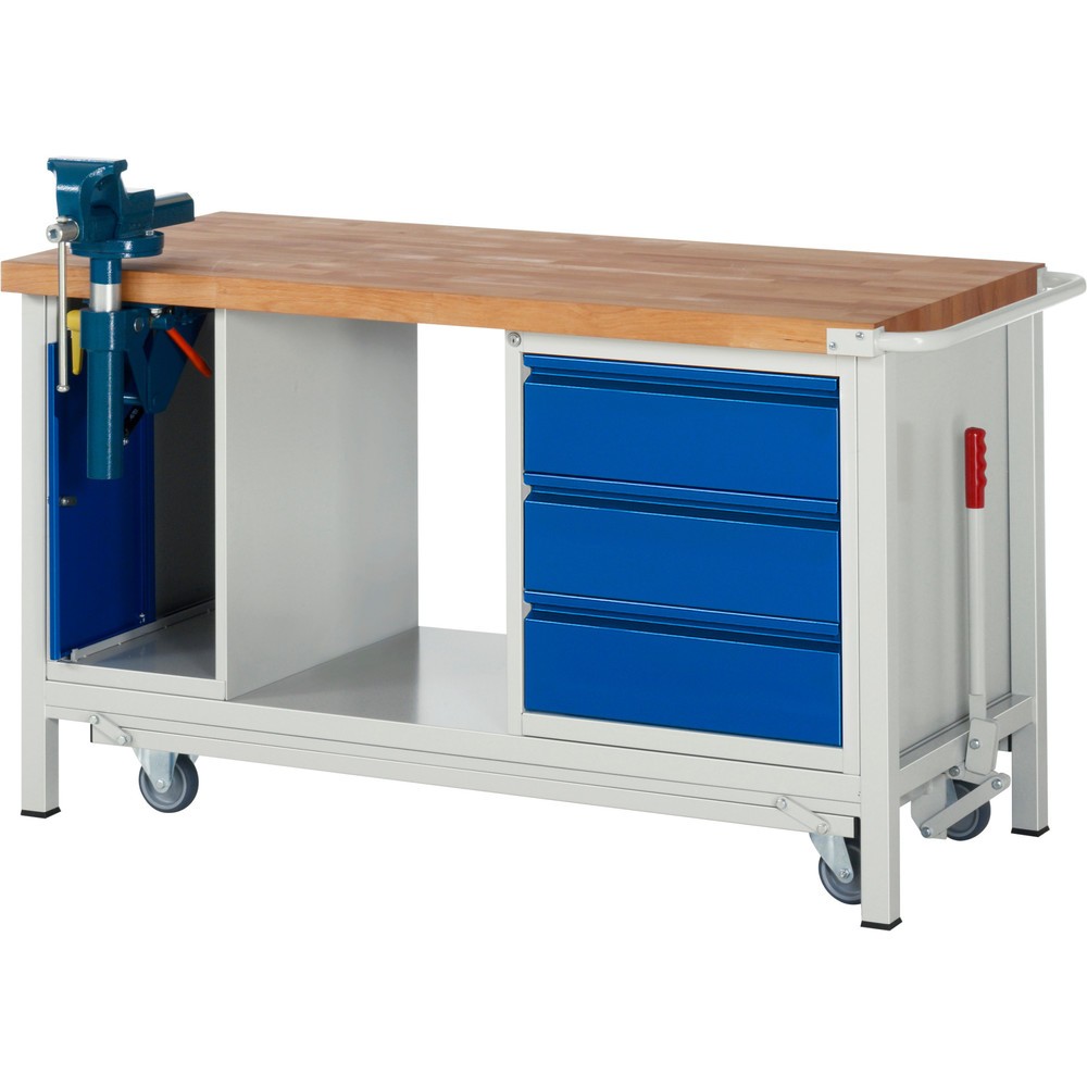 Produktabbildung Nr. 1: Werkbank RAU serie 8000 met neerlaatbaar onderstel, 2 kasten, 1 legbord, hxbxd 880 x 1.500 x 700 mm, 3 x voor 90% uittrekbare lades