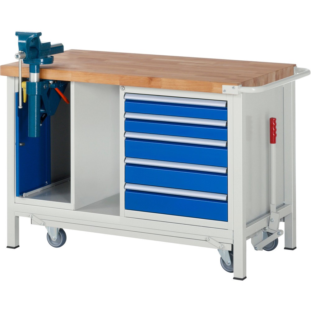 Produktabbildung Nr. 1: Werkbank RAU serie 8000 met neerlaatbaar onderstel, 2 kasten, 1 legbord, hxbxd 880 x 1.250 x 700 mm, 5 x voor 100% uittrekbare lades